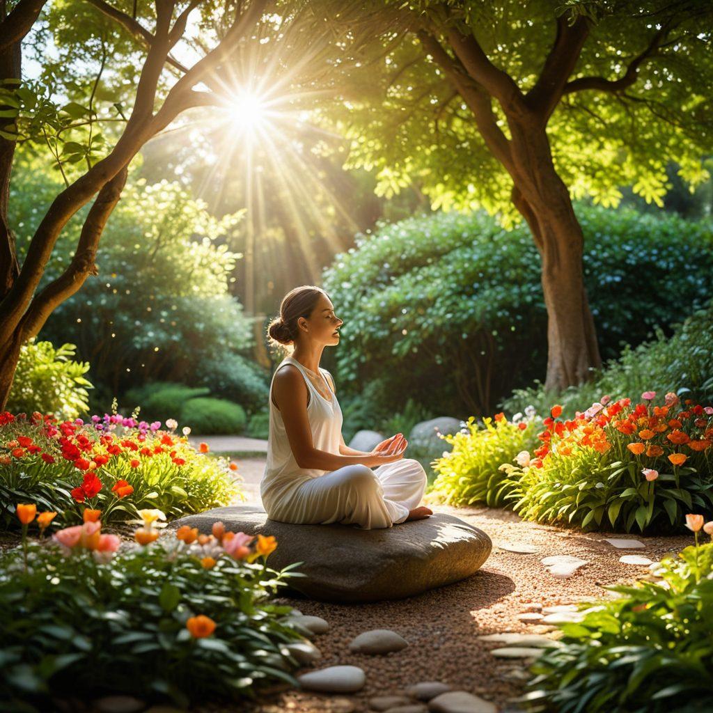 A serene scene of a person meditating peacefully in a sunlit garden filled with vibrant flowers and lush greenery, symbolizing tranquility and emotional well-being. Soft rays of sunshine filtering through the trees, creating a warm and inviting atmosphere. Include subtle elements of mindfulness like candles and stones arranged harmoniously nearby. super-realistic. vibrant colors. peaceful ambiance.
