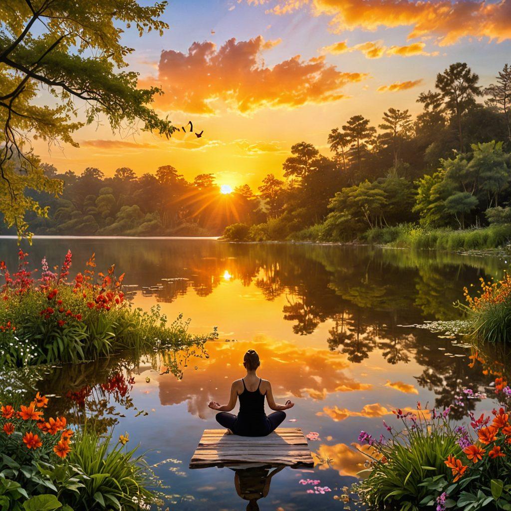 A serene and inviting landscape with a vibrant sunrise illuminating a tranquil lake surrounded by lush greenery. In the foreground, a person practicing yoga poses reflecting joy and contentment, surrounded by colorful flowers. Soft, warm light spills over the scene, promoting a feeling of peace and upliftment. Elements of nature like birds and butterflies enhance the sense of bliss. super-realistic. vibrant colors. peaceful ambiance.