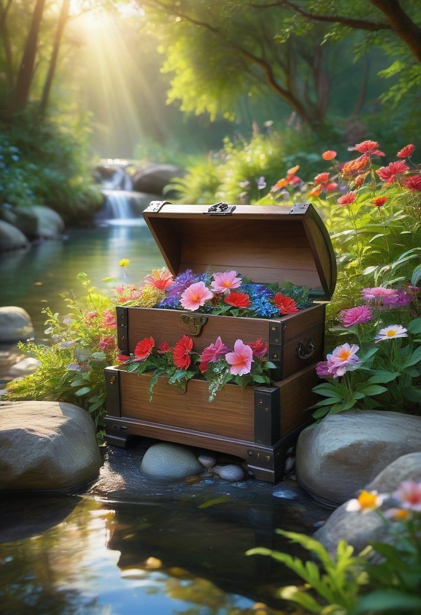 A serene scene featuring an open treasure chest filled with glowing, ethereal light, surrounded by lush greenery and colorful flowers, symbolizing joy and secrets to a happy life. Include a gentle stream flowing nearby, with birds flying overhead. The atmosphere should convey tranquility and bliss, inviting the viewer into a moment of peace. super-realistic. vibrant colors. soft focus.